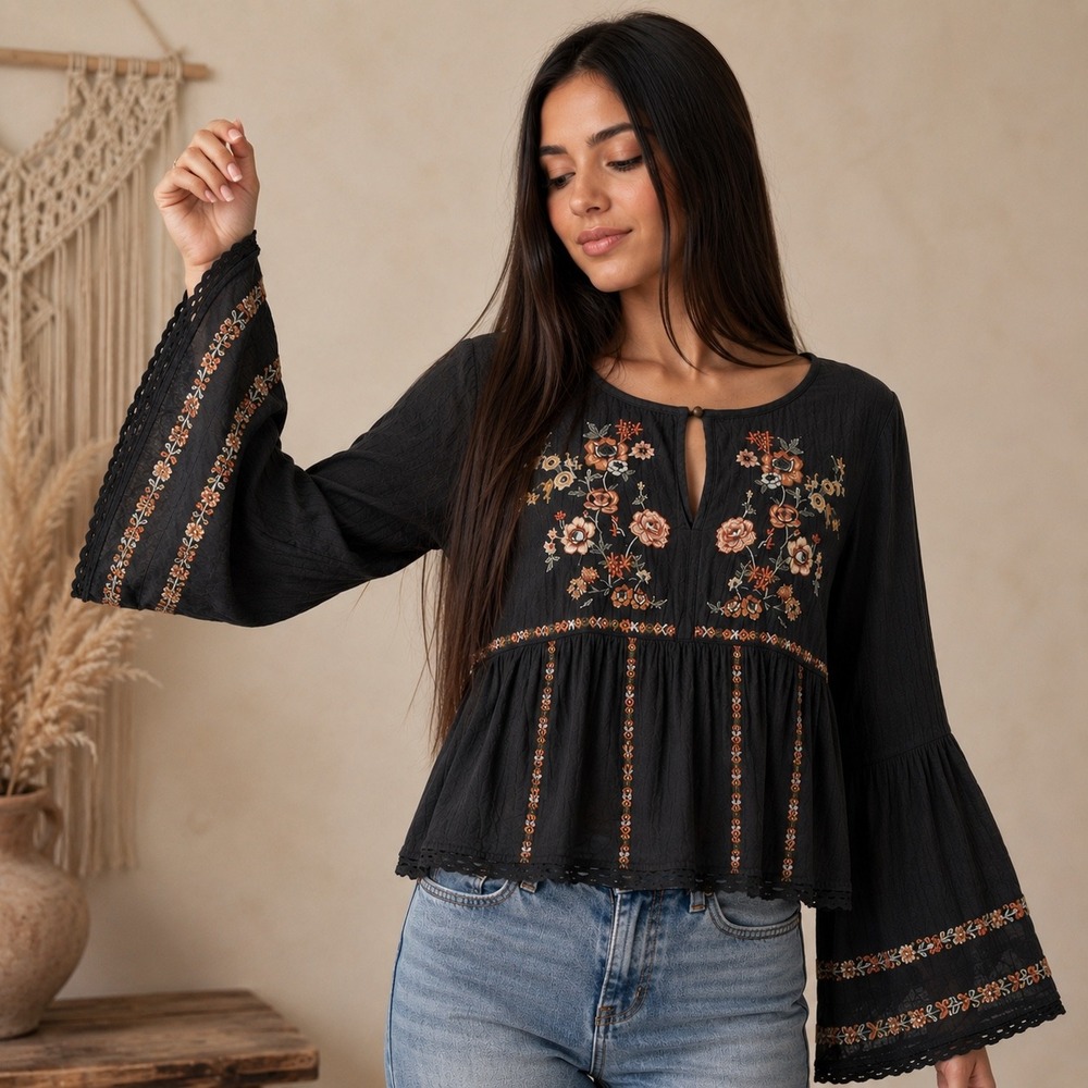 American Eagle Peplum Top S Black Floral Embroidered Bell Sleeve Boho Festival